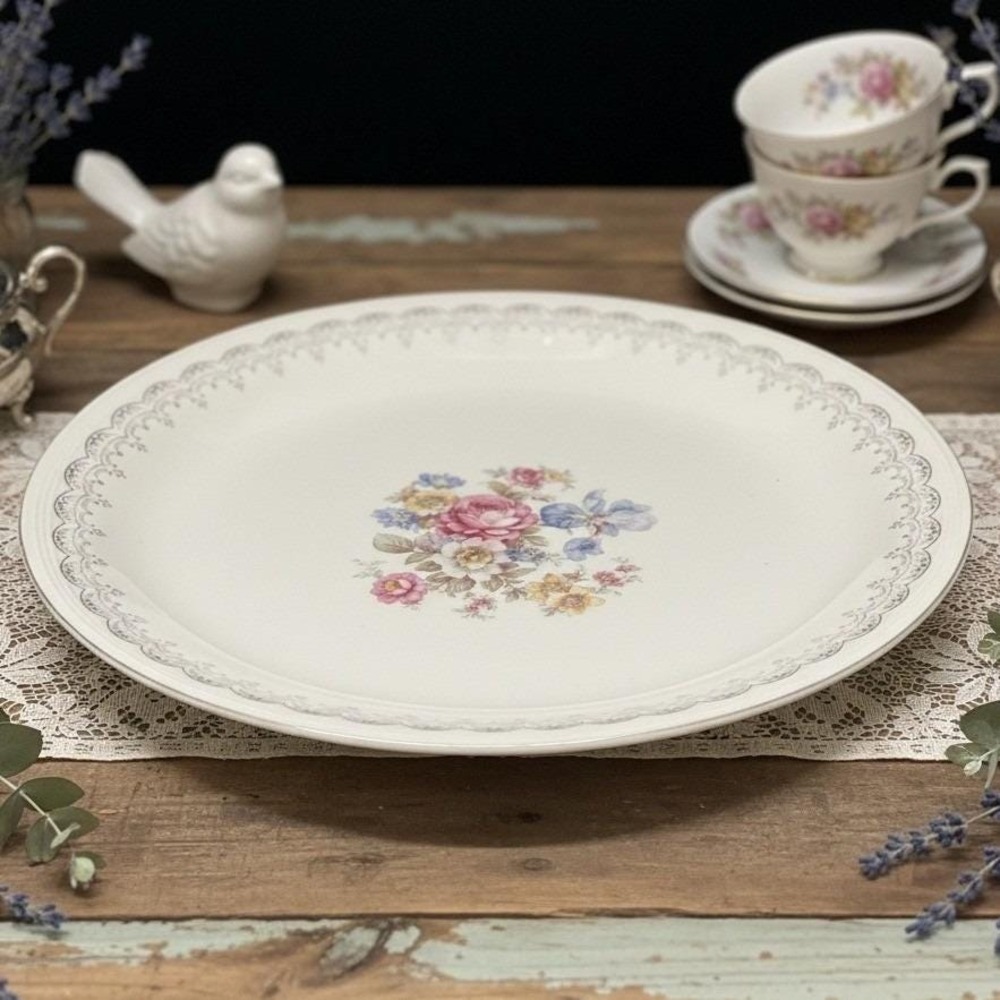 Edwin M Knowles Floral Serving Platter, Vintage 22k Gold Accent Bone China